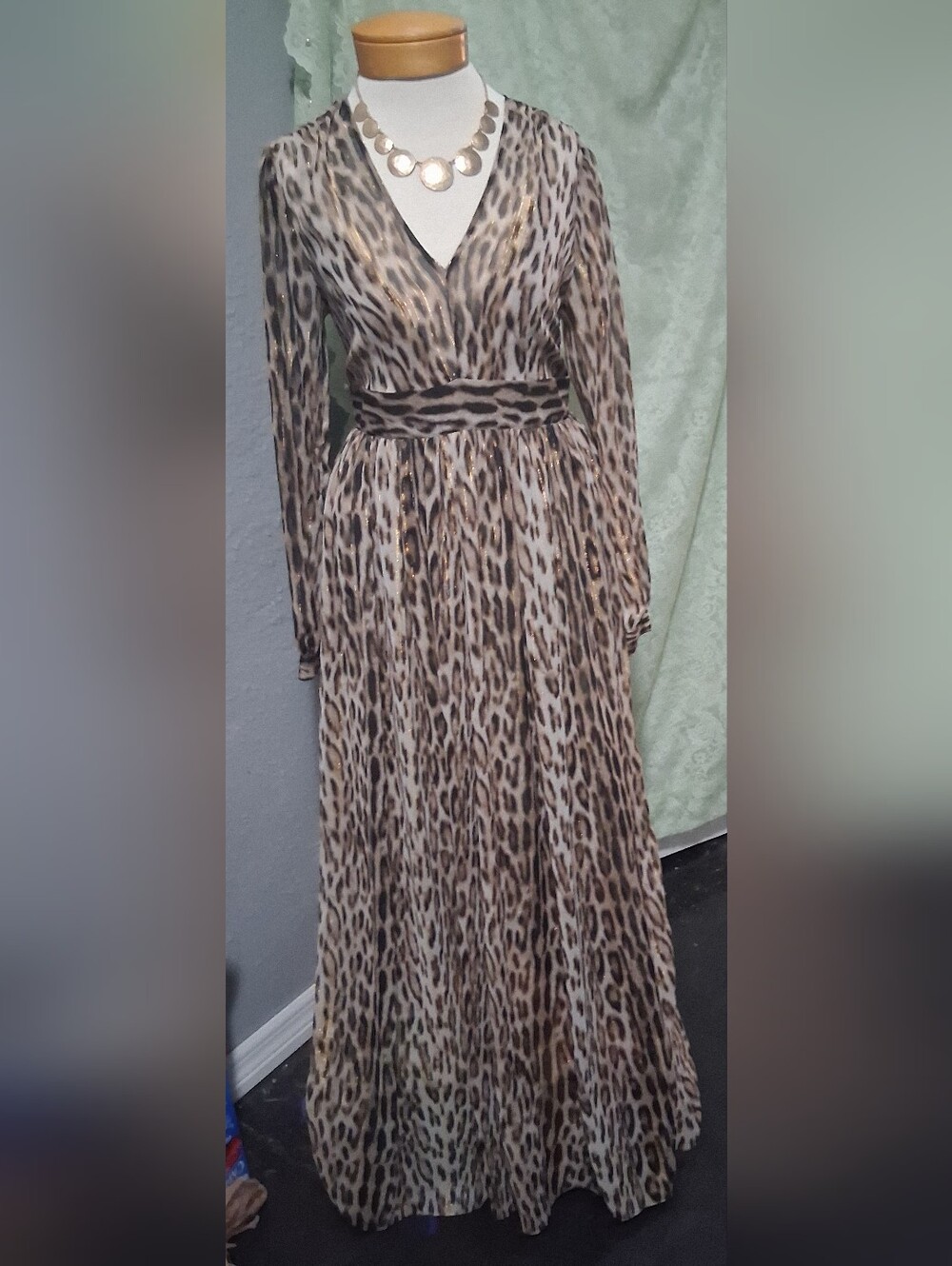 Michael Kors Leopard-Print Long Sleeve Maxi Dress - Tan & Black